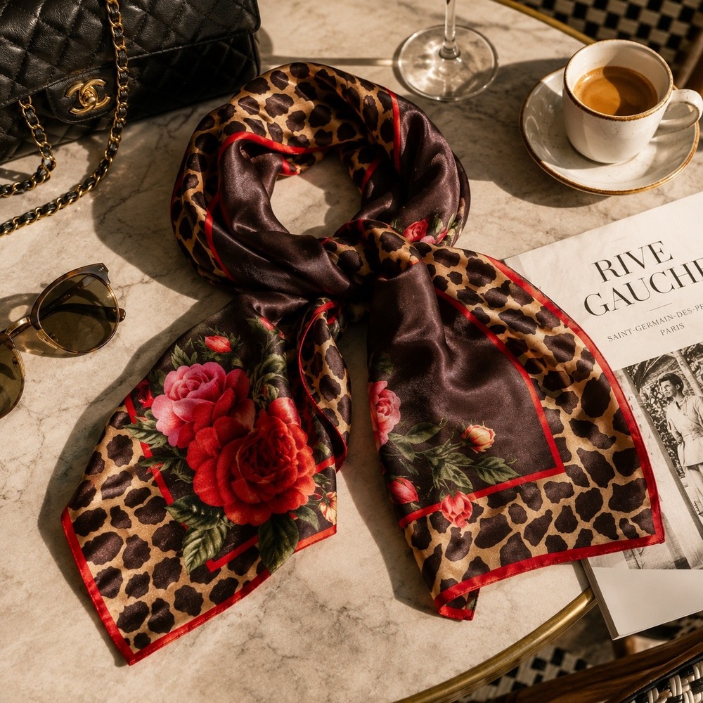 Vintage Style Leopard Floral Scarf Red Roses Mob Wife Rockabilly Statement